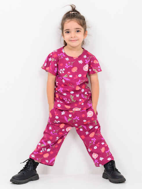 Frill Sleeves Spring Fizz Cotton Trouser Set (Rosy Magenta)